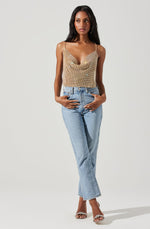 Mika Rhinestone Mesh Cowl Neck Top