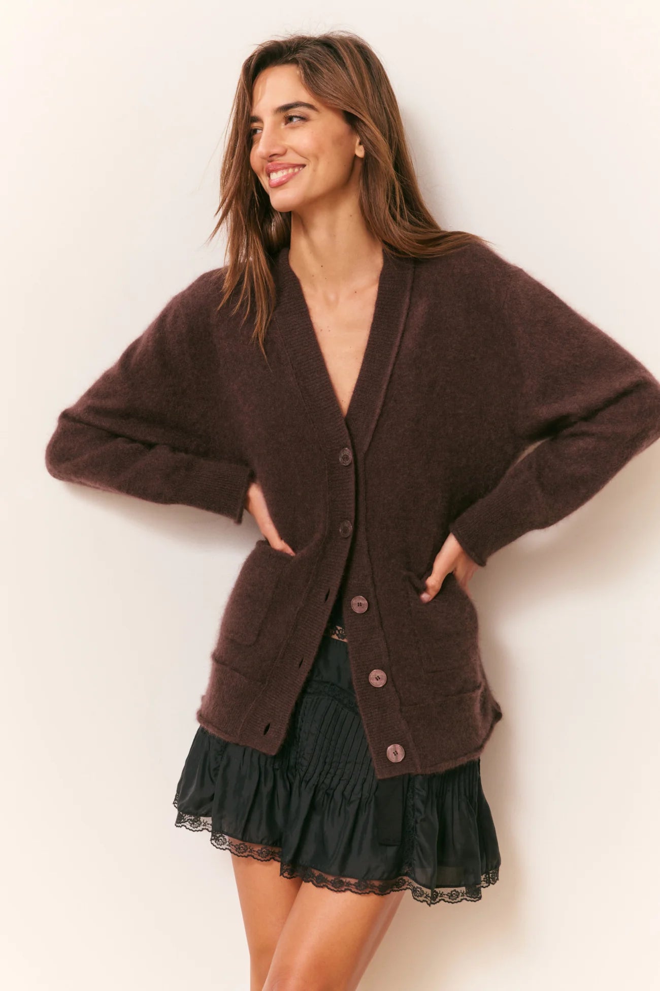 moose's ニットカーディガンRich cardigan brown JIGGYS SHOP カーディガン ワッフル編みウォッシャブルニット