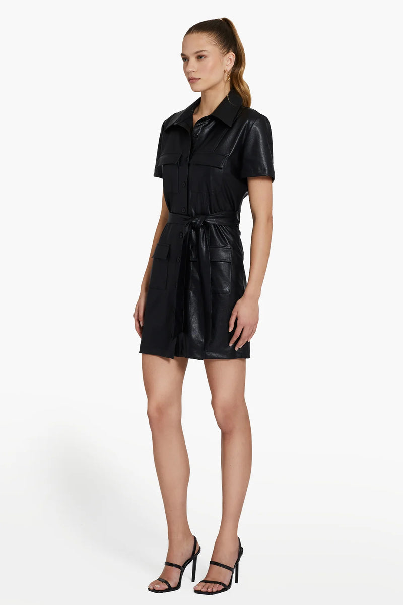 Short Sleeve Greyson Dress in Faux Leather - Black
