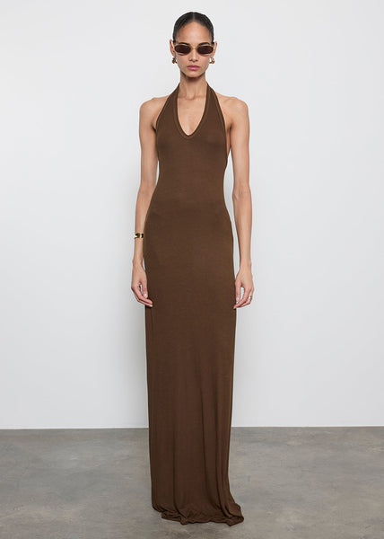 Silk Rib U Halter Fluid Maxi Dress