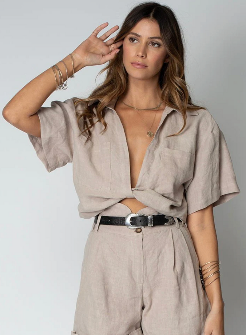 Linen Knot Front Short Sleeve Shirt