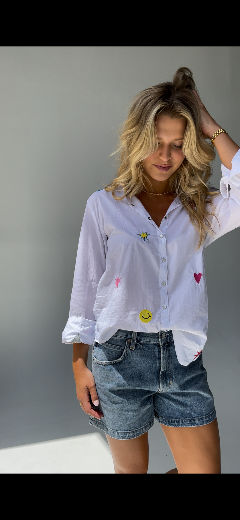 White Peony Embroidered Button Down Shirt