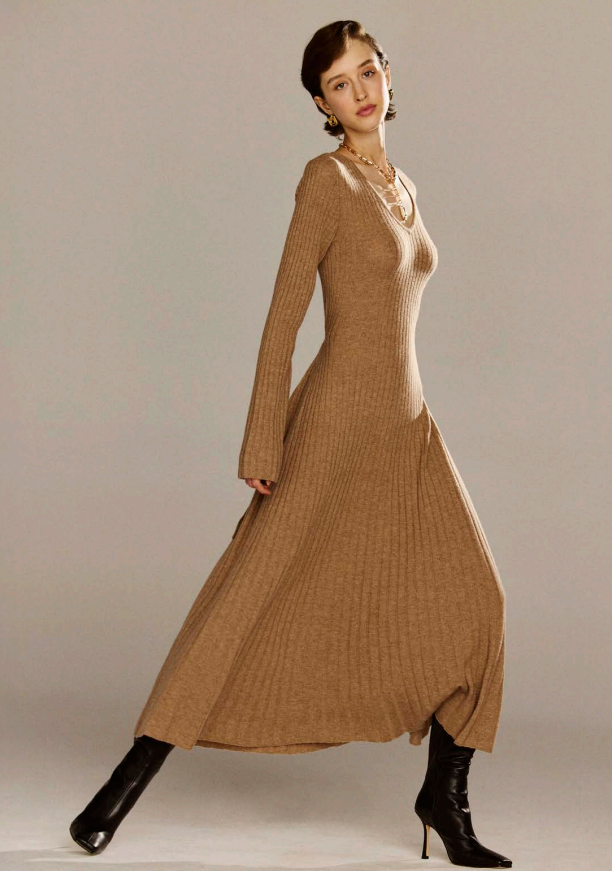 Cashmino Ribbed V Neck Dress