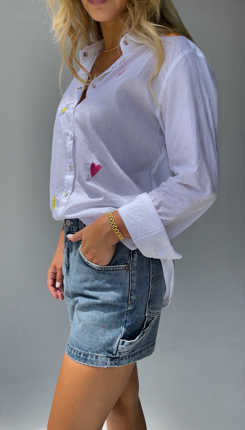 White Peony Embroidered Button Down Shirt